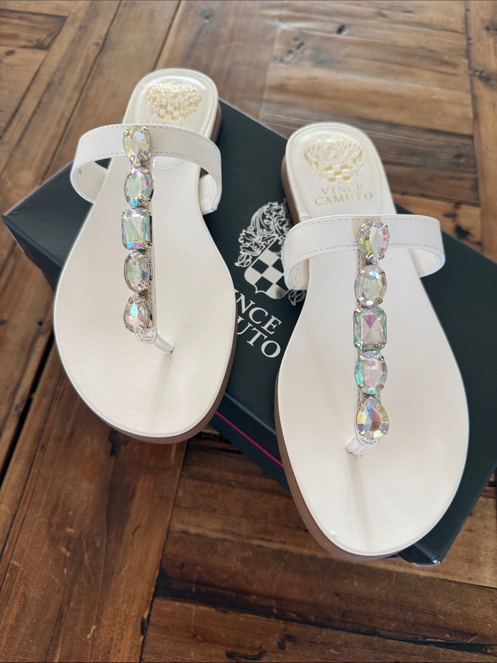 Vince Camuto Iridescent Gemstone White T-Strap Sandals